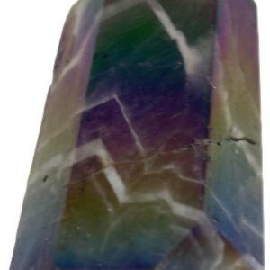 Standing rainbow amethyst aura polished crystal point 11 sians emporium Polished rainbow amethyst aura quartz generator point showing iridescent green violet and gold metallic sheen over natural chevron banding